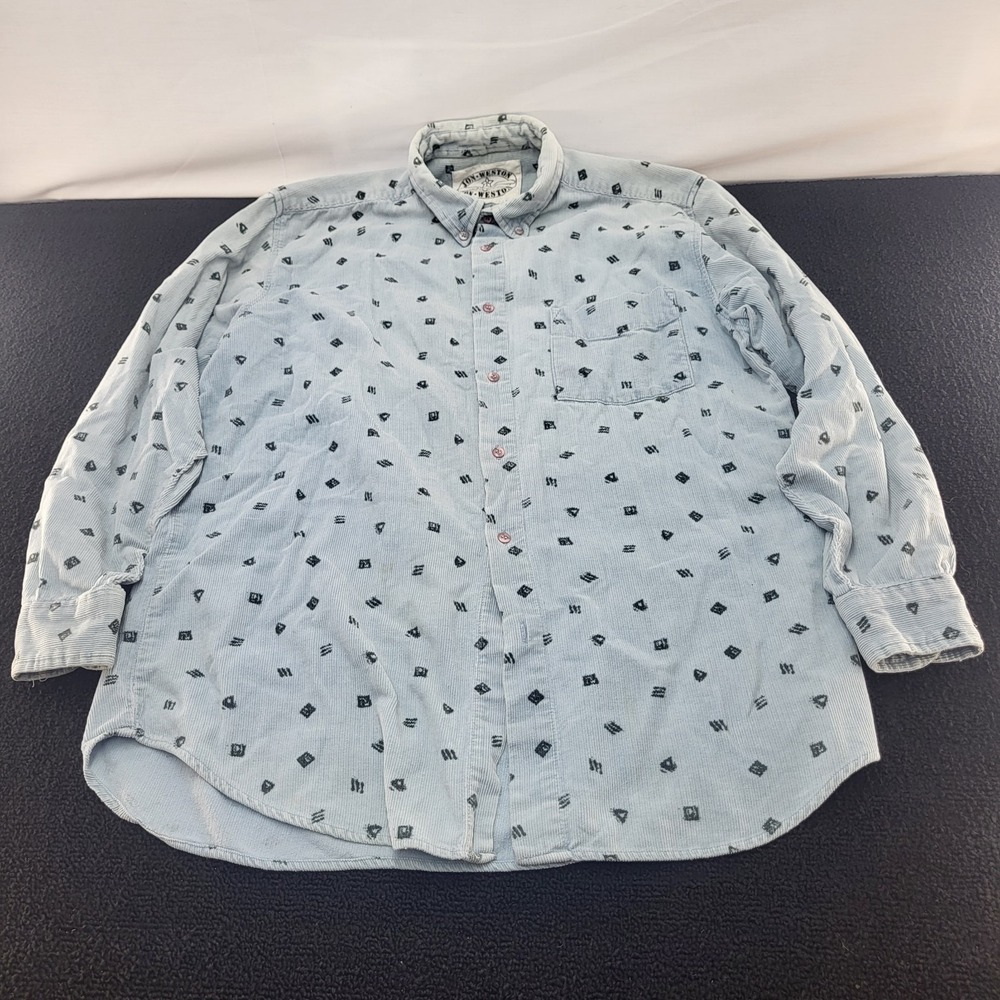 Vintage Jon Weston Button-Up Shirt – Light Blue Corduroy, Abstract Geometric...